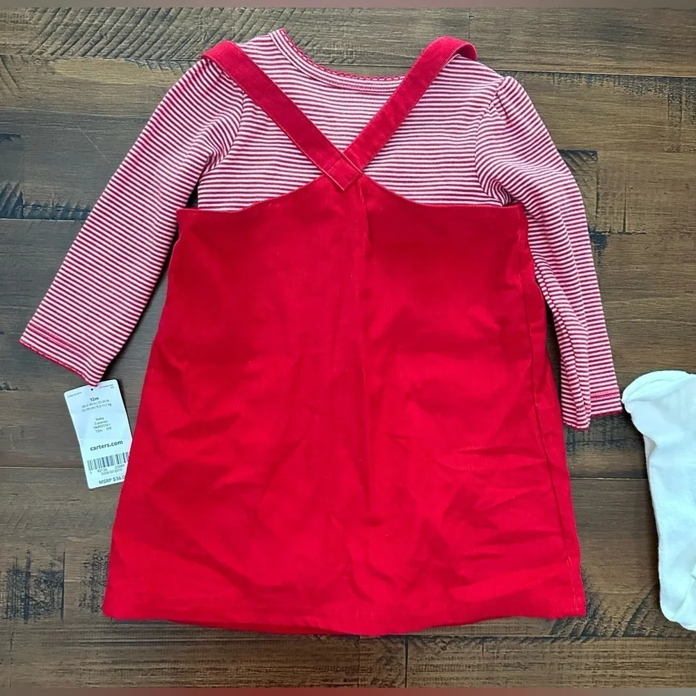 NWT carters santa claus jumper dress 12 mos 3 pc shirt tights Christmas‎